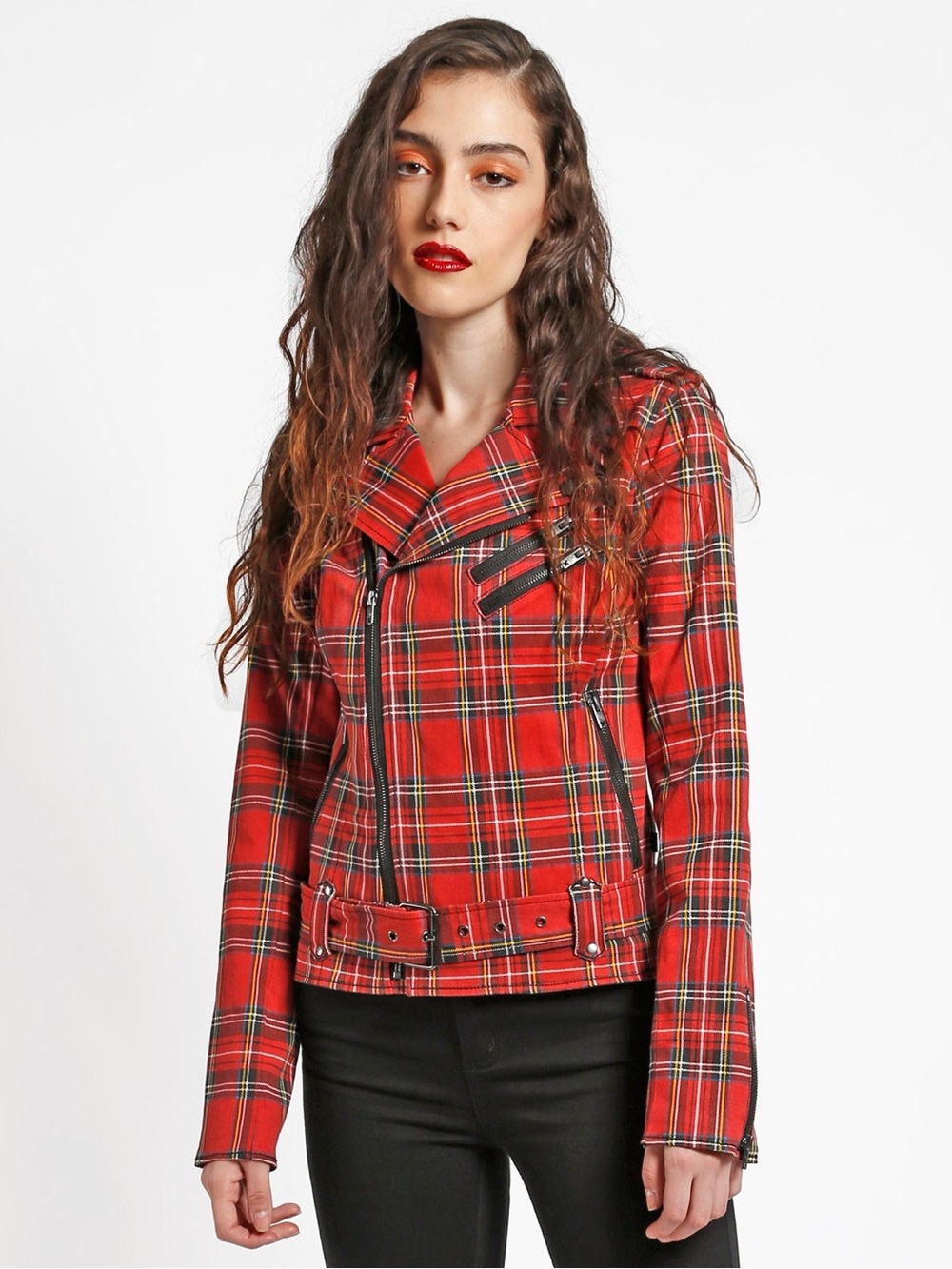 Tripp NYC Wild Child Moto Red Plaid Jacket With Adjustable Belt Size M